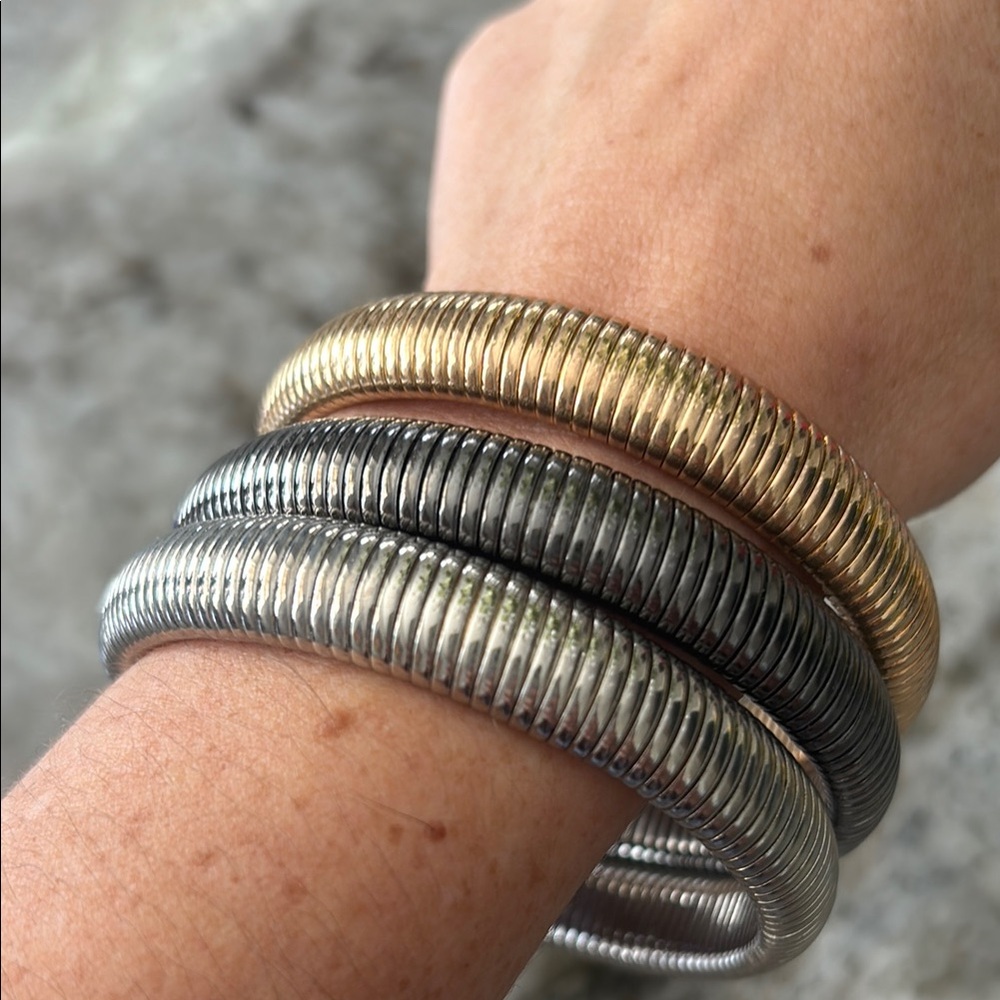 Flexible gold, gunmetal, and silver bracelet stack set of 3
